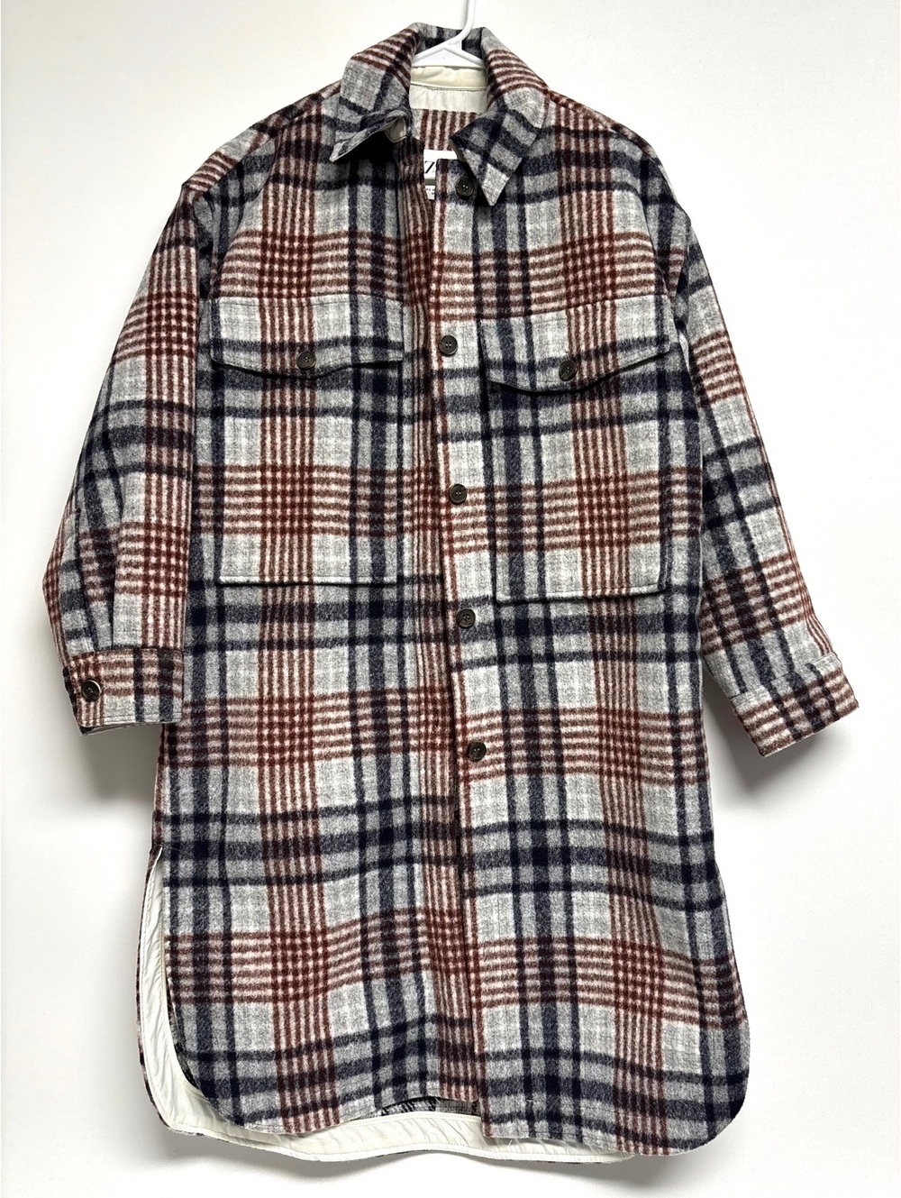 Zara Women’s Long Plaid Overshirt Shacket Coat Gray Burgundy Size Small